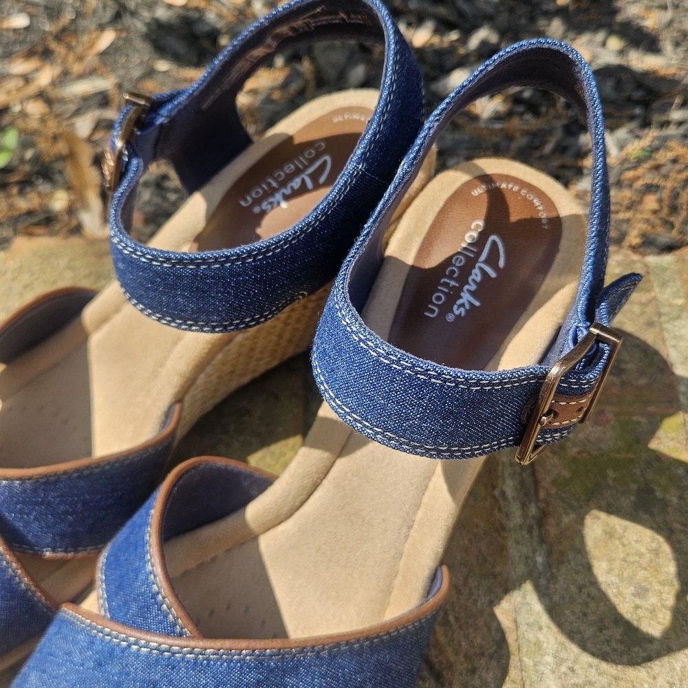Clarks Women's Emmalae Iris Denim Slingback Wedge Heeled Sandals Size 8 - Picture 2 of 9